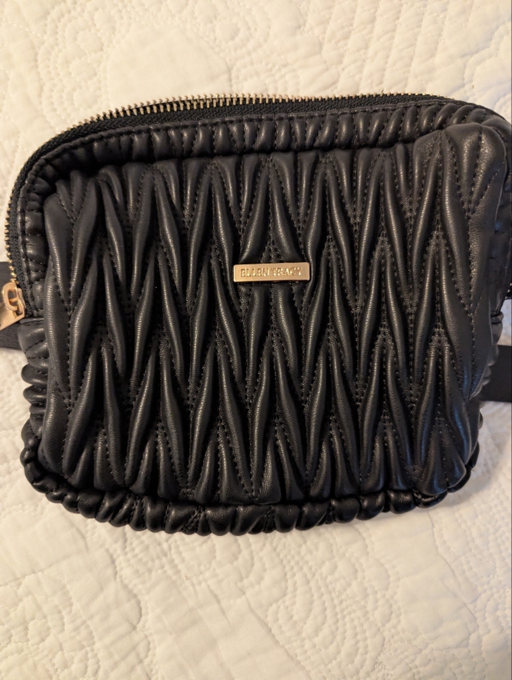 Ellen Tracy Black Ruched Leather Crossbody Pack with Gold Accent